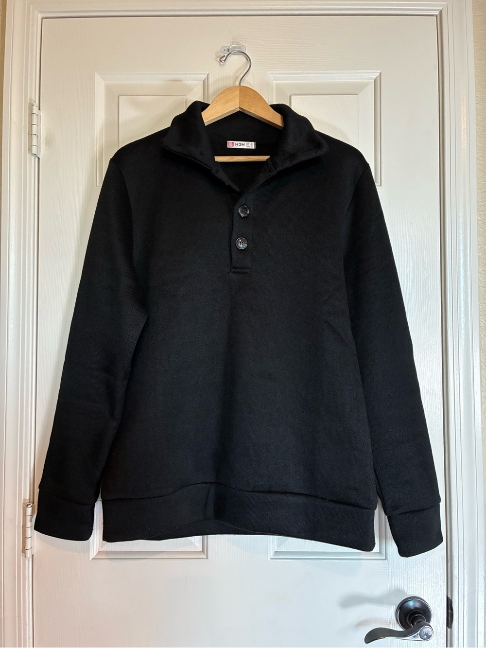 Men's Black Button-Neck Henley Sweater
